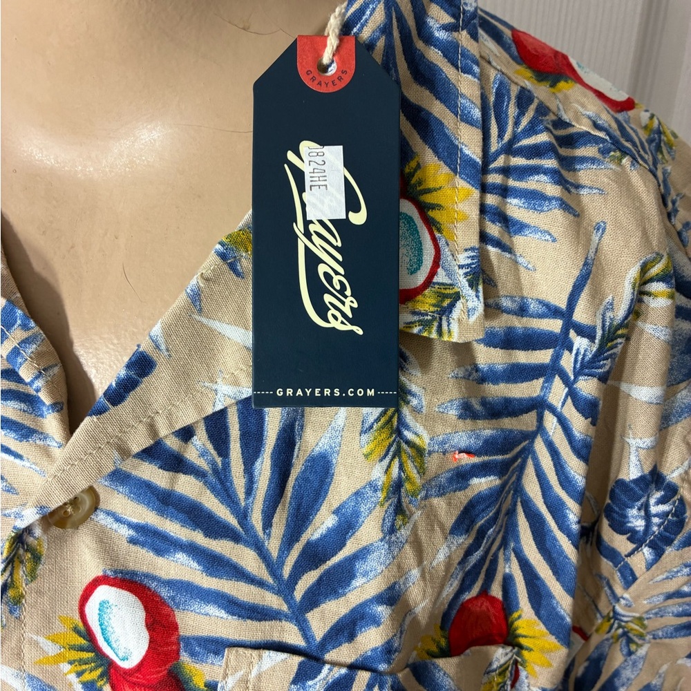 Grayers Beige Button-Down Tropical Print Short Sl… - image 3